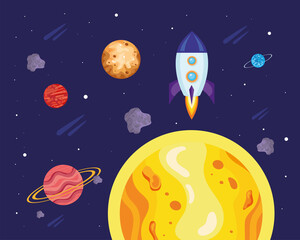 banner with planets and rocket