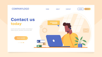 Customer service landing page. Man with headphones and microphone with laptop. Customer support, call center, hotline technical support 24 7 hotline operator. Vector illustration in flat style