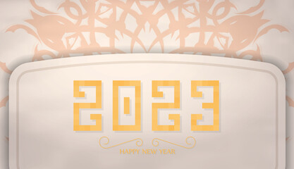 2023 Happy New Year Beige banner with monogram ornaments. New Year theme. Vector illustration.