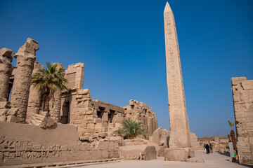 Ancient Temple of Karnak in Luxor - Ruined Thebes Egypt. Walls. obelisks and statutes at Karnak...