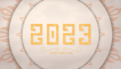 2023 Beige Postcard with monogram ornaments. New Year theme. Vector.