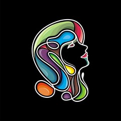 Girl head line art design in full color premium vector