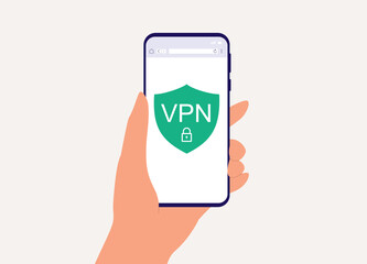 Close-Up View Of User's Hand Holding Mobile Phone With VPN App. Virtual Private Network.