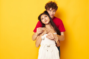 portrait of a man and a woman Friendship posing hugs together isolated background unaltered