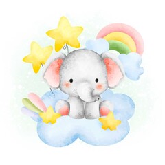 Watercolor cute baby elephant sitting on the cloud 