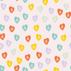 Colorful childish seamless pattern with cute and sweet heart shape in hand drawn style. Modern trendy design Illustration with love flat concept for endless romantic print, background, wallpaper, card