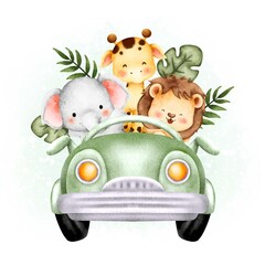 Watercolor cute safari animals in the car  - obrazy, fototapety, plakaty
