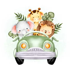 Fototapete Rund Watercolor cute safari animals in the car  © Stella