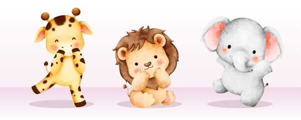 Watercolor set of cute safari animals 