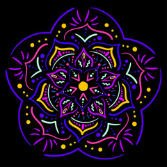 Fototapeta premium Neon mandala in the hand-drawn style on a dark background