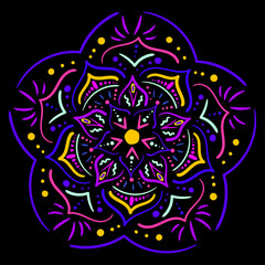 Neon mandala in the hand-drawn style on a dark background