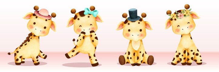 Watercolor set of cute safari giraffe 