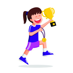 A cute and happy girl holding trophy and gold medal