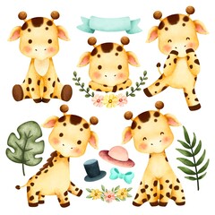 Obraz na płótnie Canvas Watercolor set of cute safari giraffe and leaves 