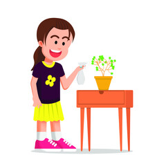 Cute little girl spraying her plants happily
