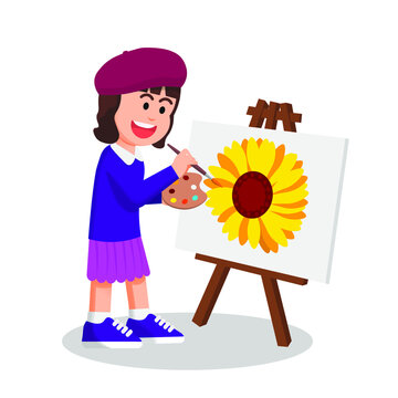A cute little girl paints flowers on canvas