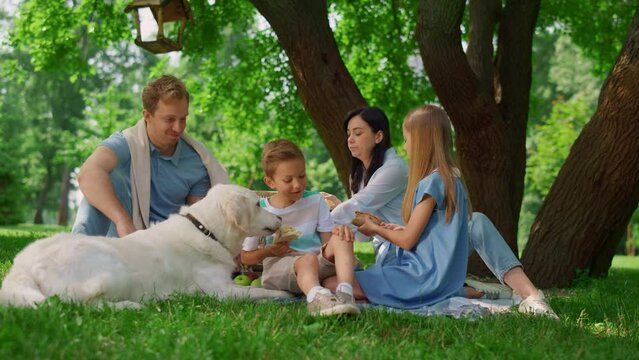 Happy family feeding white dog on picnic. People heve fun on green grass.