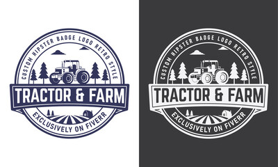 Tractor and farm retro hipstar badge logo. Tracktor, tree, sky, farm silhouette. Vintage vector illustration style.