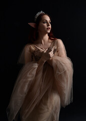 portrait of pretty female model with red hair wearing glamorous fantasy tulle gown and crown.  Posing with a moody dark background.