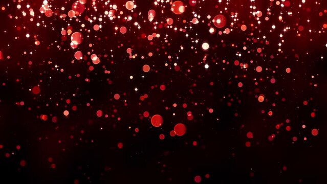 Background with falling particles of red gold glitter. Rain of red confetti, magic light, golden glitter, glamour. Beautiful animated christmas, valentines day background. Seamless loop