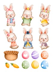 Watercolor set of Easter rabbit and Easter egg 