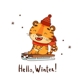 Baby tiger in a hat and scarf rides on a sled, snowflakes are falling. Lettering Hello, winter. Vector illustration for designs, prints and patterns. Isolated on white background