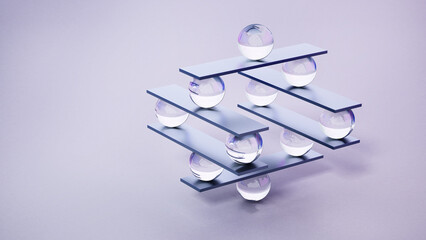 Glass spheres and boards staying in balance. 3D illustration