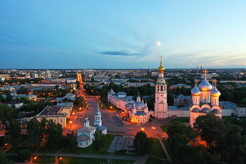 autumn vologda kremlin, drone top view, russia religion christian church