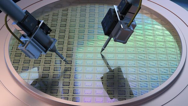 Robotic arms with silicon wafers for semiconductor manufacturing 4k footage