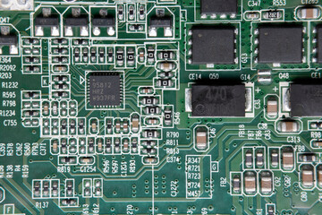 Details of electronic board. Close-up of electronic circuit board with SMD components, microcircuits and chips