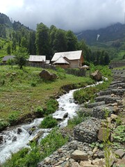 a beautiful wooden house on the bank of a mountain river, surrounded by green lawns.