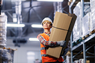 A storage worker relocating unpacked boxes.