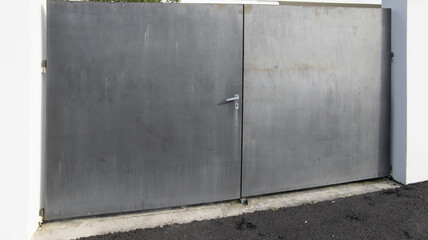 grey gate brut steel sheet home aluminum portal of suburb house in street view