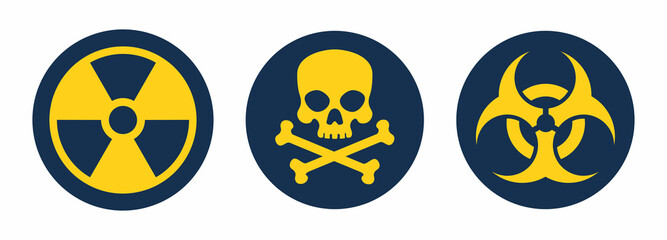 Danger sign, set of vector icons. Hazard and warning symbols: radiation ionization, biohazard caution, danger zone, poison. Vector illustration.