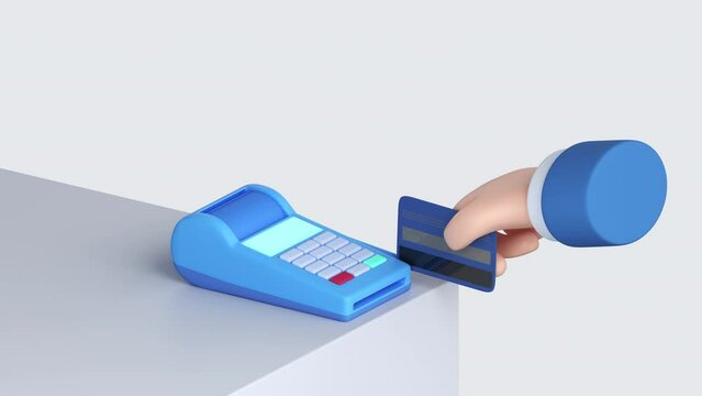 Cartoon character hand with white skin pays by credit card using magnetic card reader of POS terminal. 3d loop animation with alpha matte.