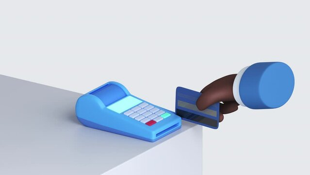Cartoon character hand with black skin pays by credit card using magnetic card reader of POS terminal. 3d loop animation with alpha matte.