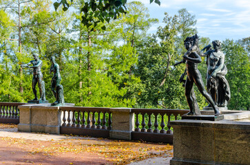 The fragment of a granite terrace with antique statues in the Catherine Park of Tsarskoye Selo.