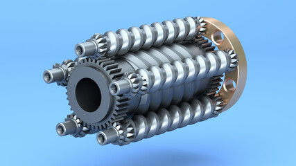 Planetary roller screw drive. Linear Actuator for electric cylinder. 3d render