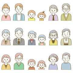 イラスト素材セット：笑顔で正面を向いた3組の3世代家族（バストアップ/手描き風主線あり）
