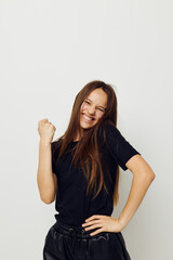 young beautiful woman in a black t-shirt hand gesture fun Lifestyle unaltered