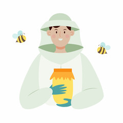 Beekeeper male character in a bee protection suit with a jar of honey. Flat vector illustration isolated.