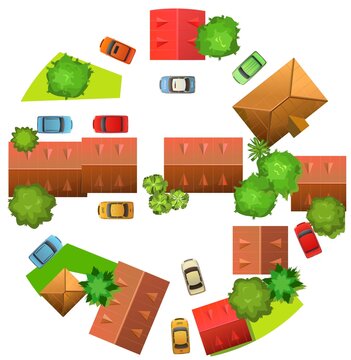 Roads and squares of city. Fragment of small town. Top View from above. Isolated on white background. Cartoon cute style illustration. Modern cars. Round composition. Vector