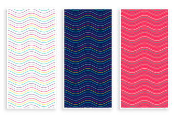 three wavy pattern banners in pink blue white colors