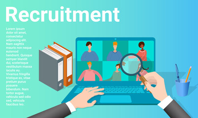 Recruitment of personnel.Search for new employees.The specialist studies the questionnaire and conducts an interview online,.Poster in business style.Flat vector illustration.