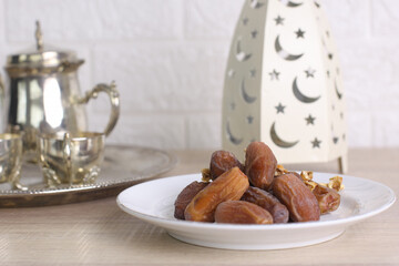 Close up of dates. Traditional Ramadan, iftar time concept