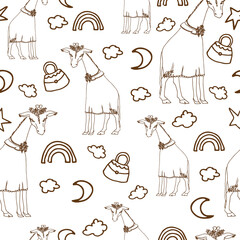 Children's patterns with giraffes. Drawing on a white background, suitable for printing on fabric, wallpaper, packaging, for the interior of a children's room, a newborn's bedroom.