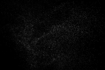 Distressed white grainy texture. Dust overlay textured. Grain noise particles. Snow effects pack. Rusted black background. Vector illustration, EPS 10.  