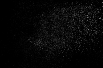 Distressed white grainy texture. Dust overlay textured. Grain noise particles. Snow effects pack. Rusted black background. Vector illustration, EPS 10.  