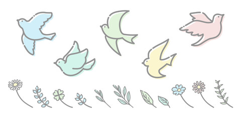 シンプルで可愛い小鳥のイラスト（パステルカラー）