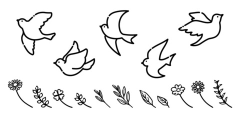 シンプルで可愛い小鳥のイラスト（モノクロ線画）
